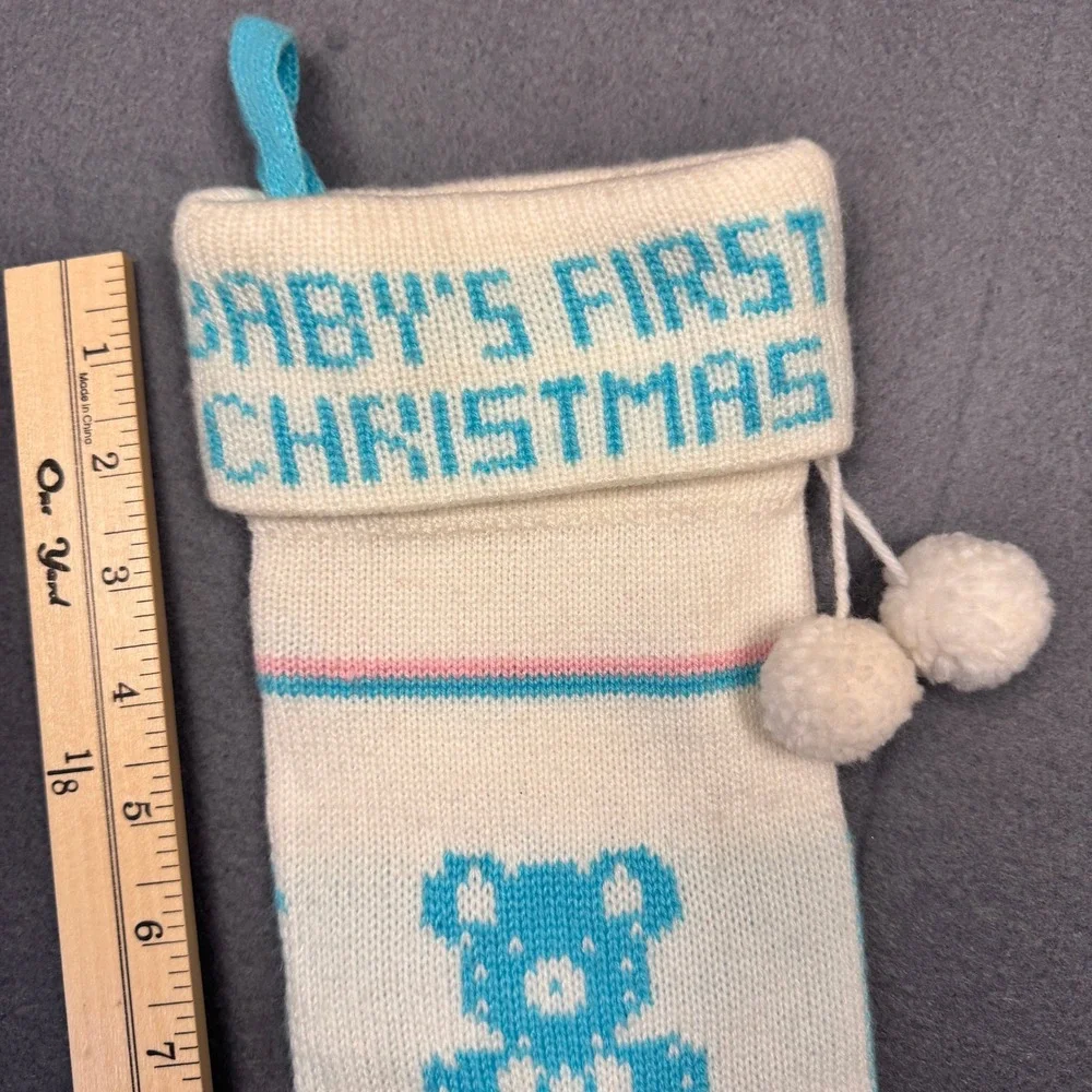 Vtg Babys‎ First Christmas Knit Stocking Bear Unisex Boy Girl Blue Pink White